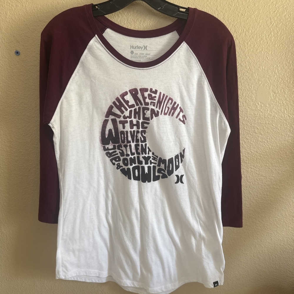 Hurley large 3/4 Sleeve Tee-Burgundy On white wolves Poem Wolf Moon Poem
